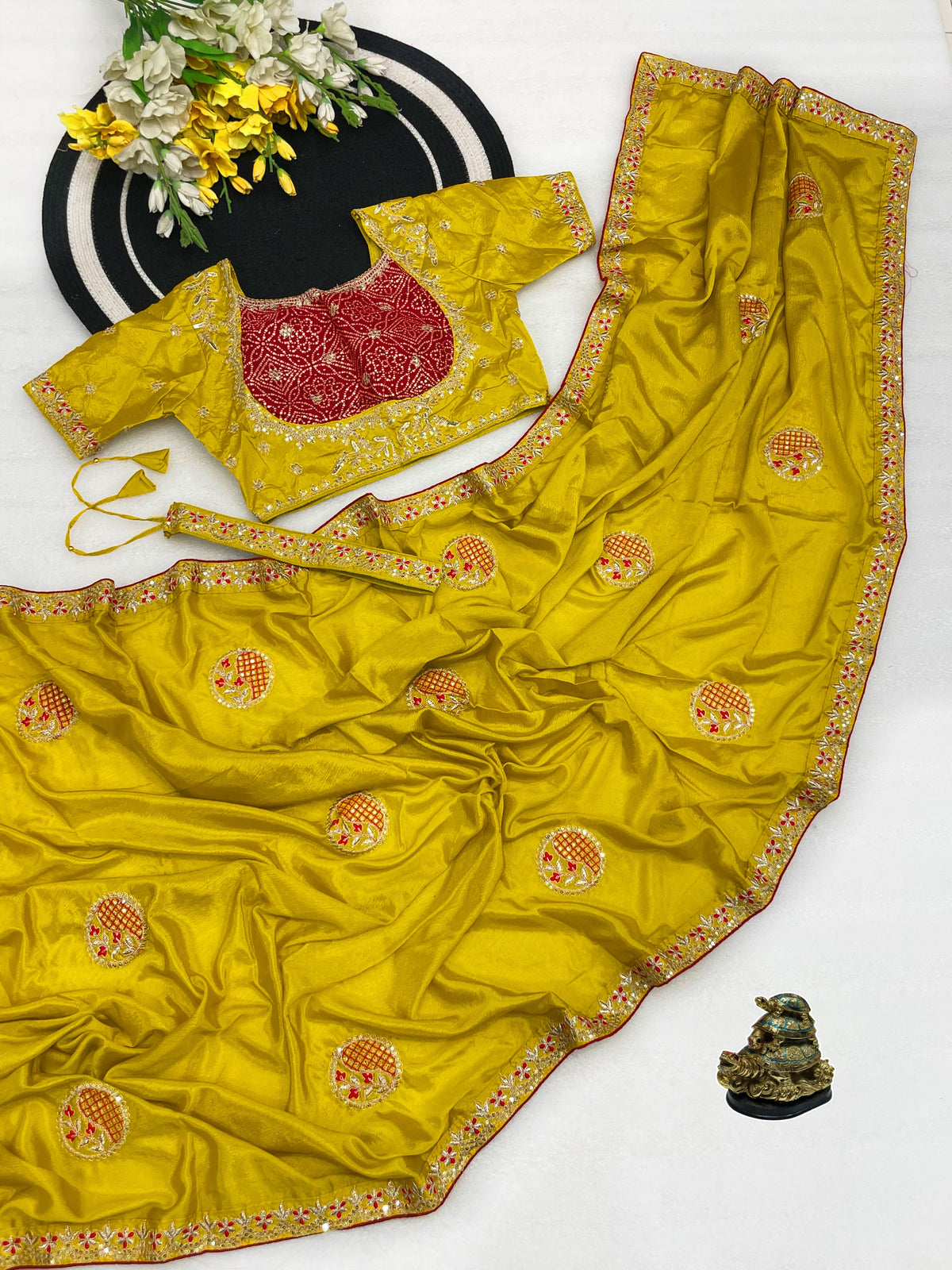 Beautiful Chinon Silk Embroidery Sequence Work Saree With Stitched Blouse