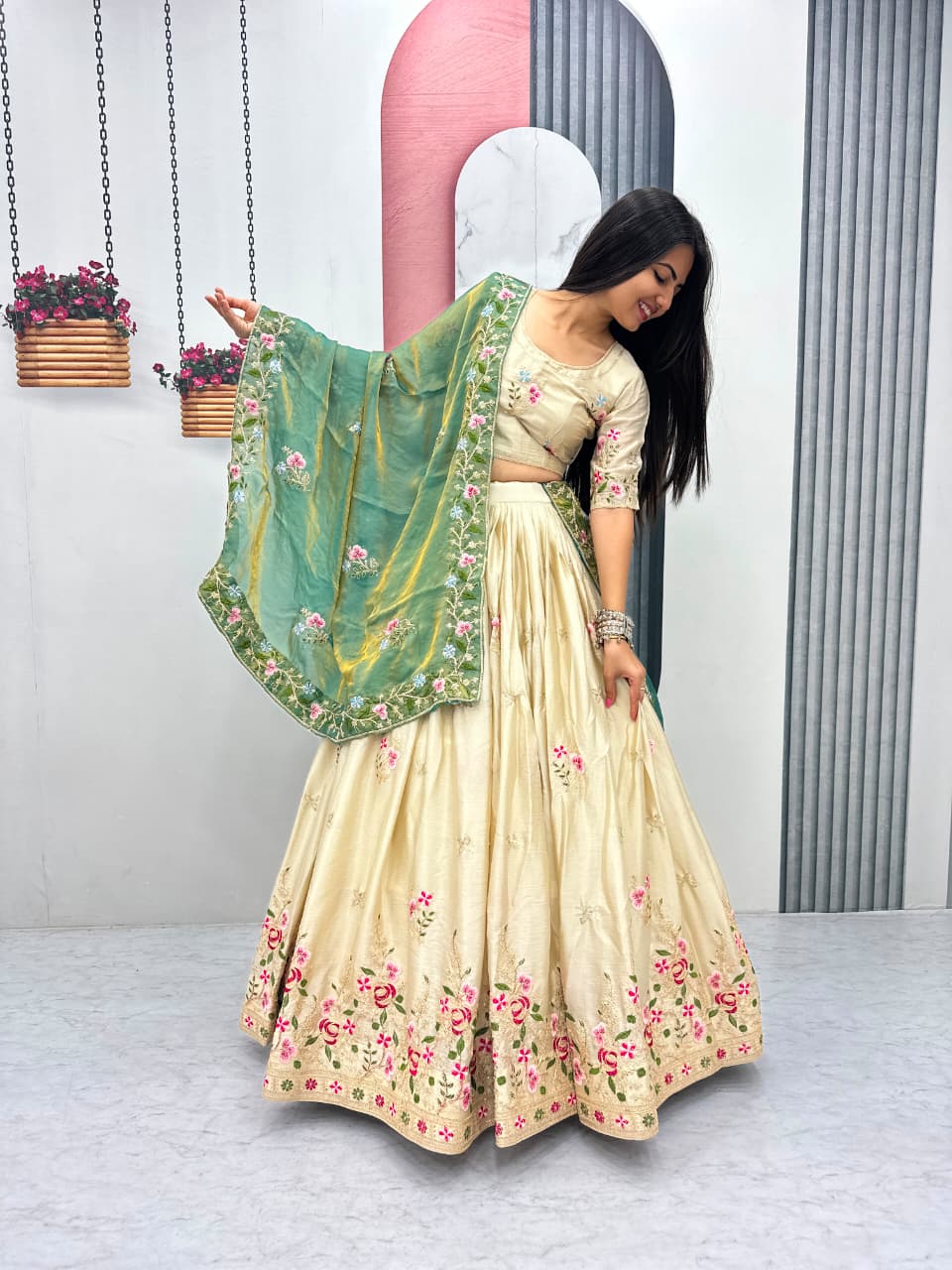 Festive Special Chinon Silk Embroidery Thread Sequence Work Lehenga With Stitched Blouse
