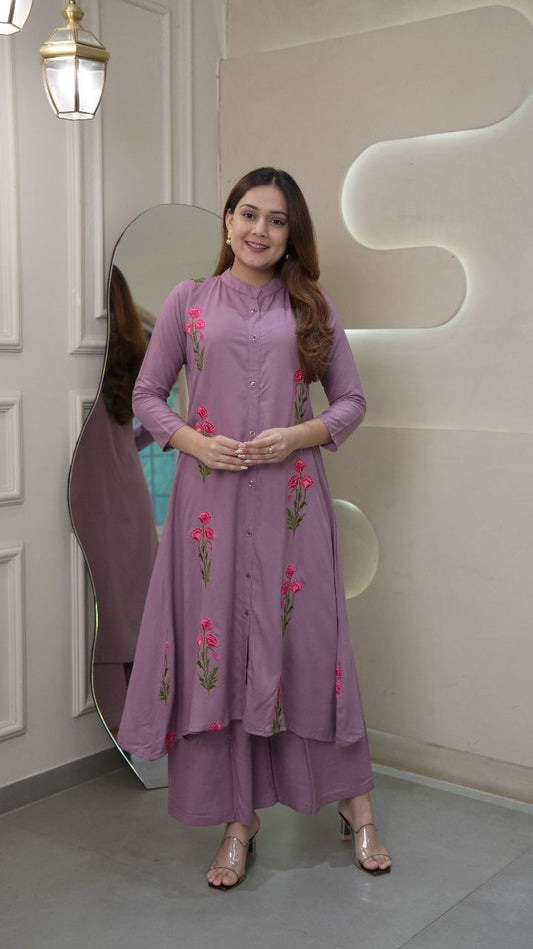 Stylish Rayon Embroidery Work Long Flair Kurti With Palazzo