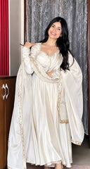 Beautiful White Upada Silk Embroidery Work Gown