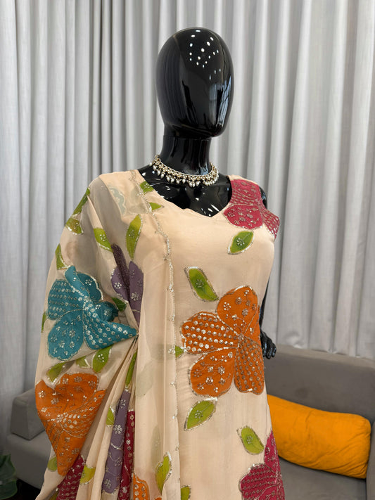 Beautiful Tibby Organza Silk Brush Print With Intricate Sequence Work Dress