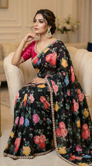 Beautiful Smooth Chinnon Embroidery Printed Work Saree