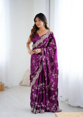 Royal Japan Satin Silk Sequence Embroidery Work Saree