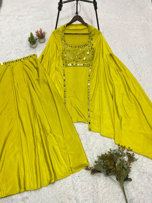 Trendy Stylish Franch Crape Real Mirror With Embroidery Work Blouse Skirt With Shrug