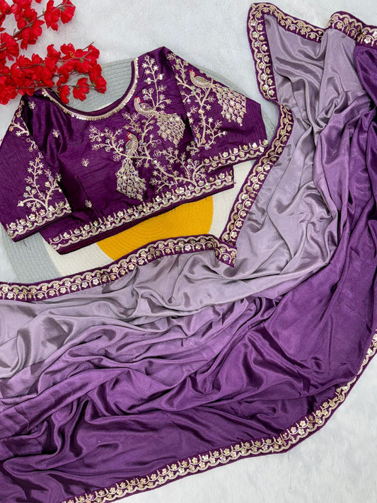 Party-wear Blooming Chinon Peding Silk Saree With Stitched Blouse