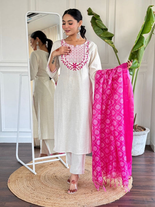 Beautiful Khadi Cotton With Embroidery Work Three Piece Set