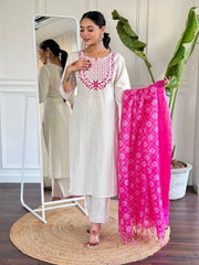 Beautiful Khadi Cotton With Embroidery Work Three Piece Set