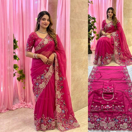 Party-wear Soft Tabby Silk Padding Embroidery Cutwork Saree