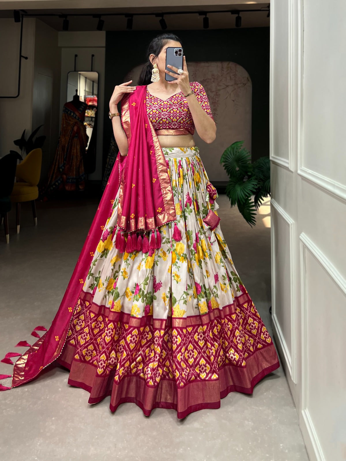 Exquisite Floral And Patola Print With Foil Work Tussar Silk Lehenga
