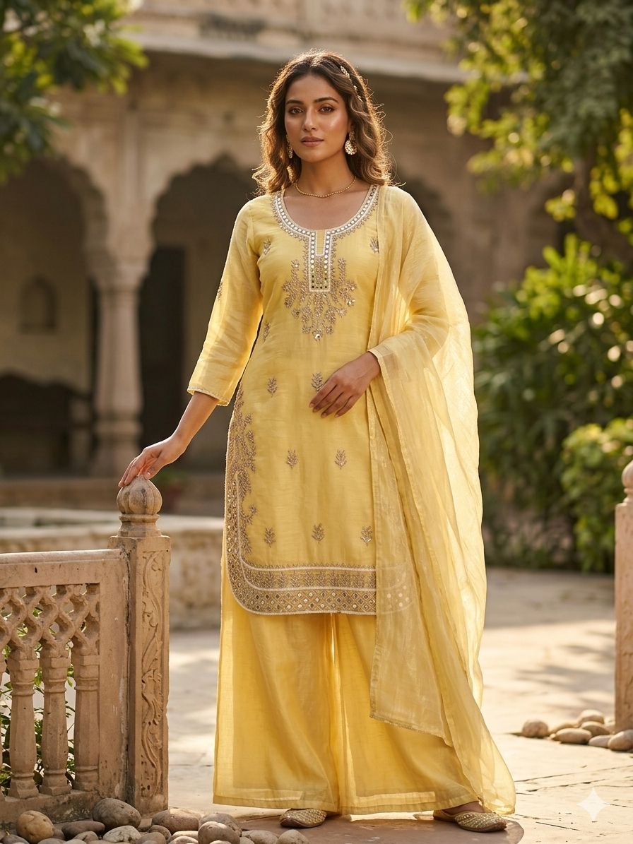 A Perfect Party-wear Designer Gold Crunchy Silk Real Mirror With Embroidery Work Sharara