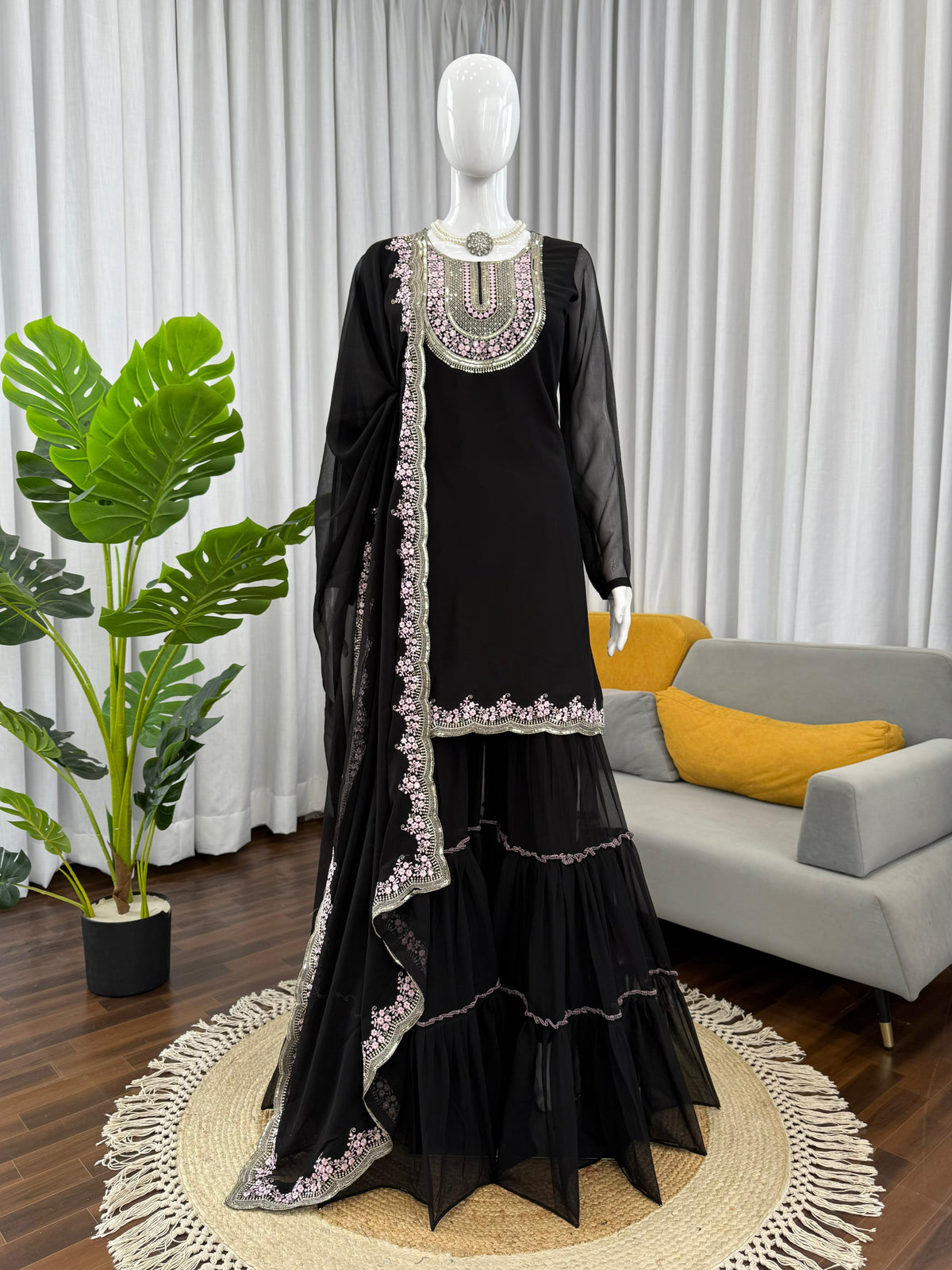 Elegant Ethnic Black Georgette Designer Thread With Sequence Work Sharara