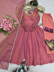 Festive Special Moss Butti Silk Pearls & Real Mirror With Handwork Anarkali Gown