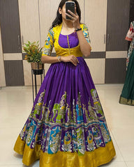 Trendy Exquisite Kalamkari Dola Silk Gown With Koti