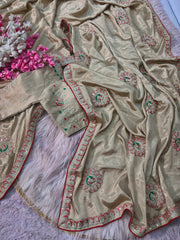 Beautiful Soft Chinon Silk With Heavy Coding Sequence Multi Work Saree