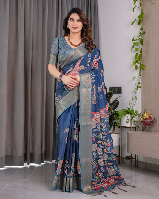 Beautiful  Pure Hand-loom Linen Digital Floral Printed Saree