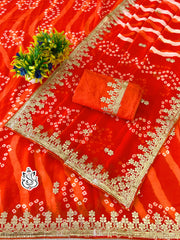 Beautiful Georgette With Digital Bandhej Peding Printed Saree