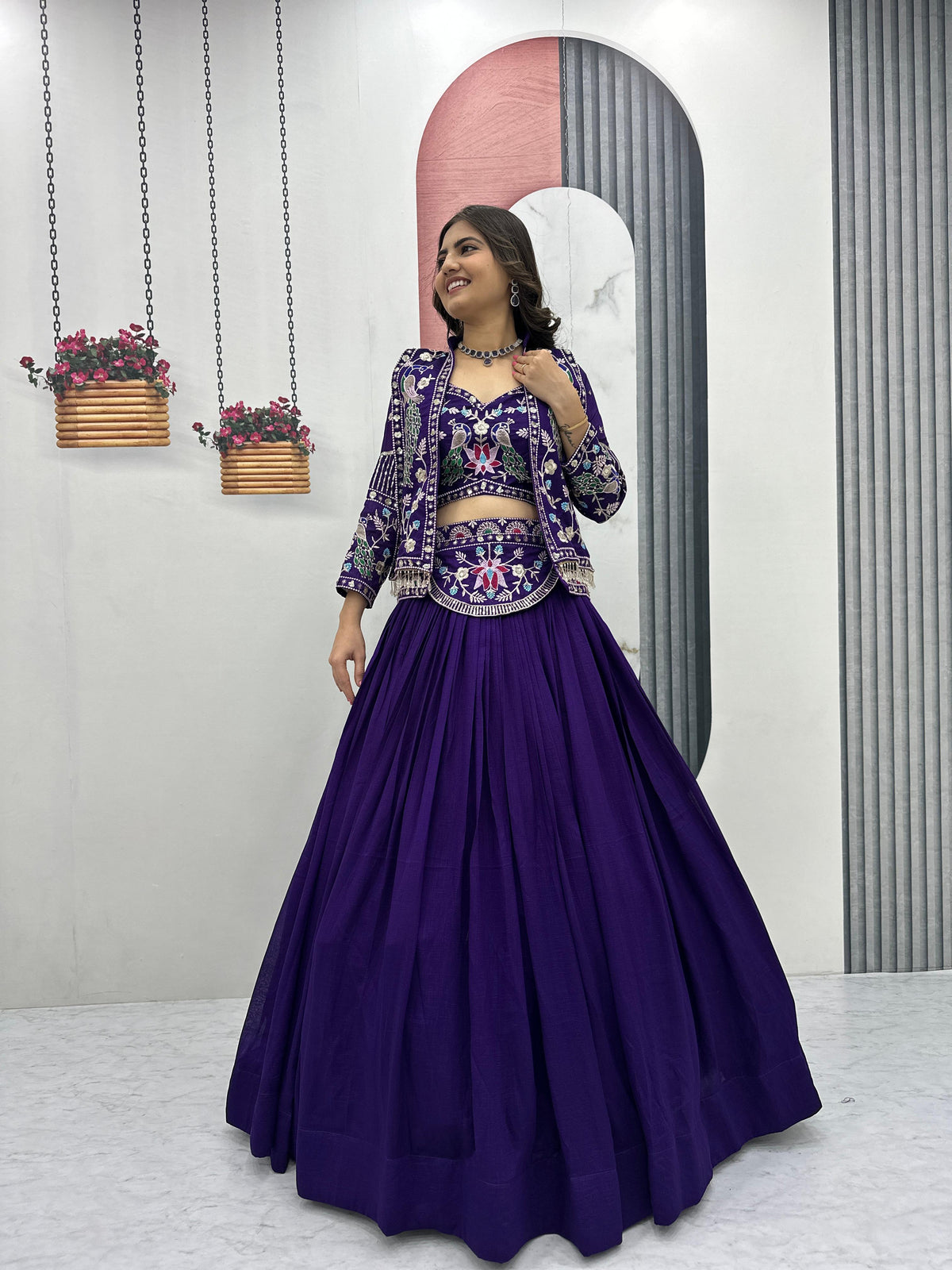 Festive Special Vichitra Silk Crop Top With Koti