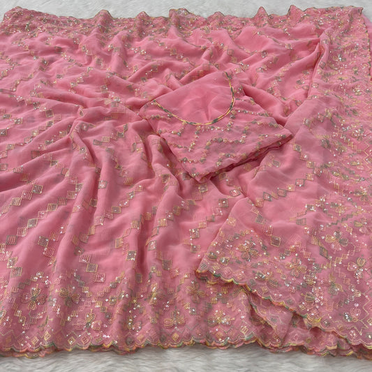 Beautiful Georgette Sequence & Multicolor Thread Work Saree