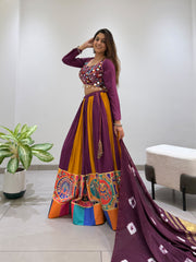 Navratri Special Rayon Silk Real Mirror Embroidery Work Lehenga With Stitched Blouse