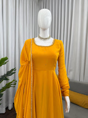 Beautiful Georgette Handwork Yellow Gown