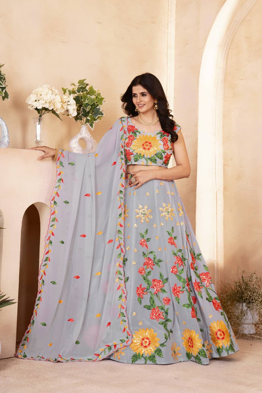Beautiful Grey Vibrant Floral Sequence & Thread Embroidery Work Lehenga Choli