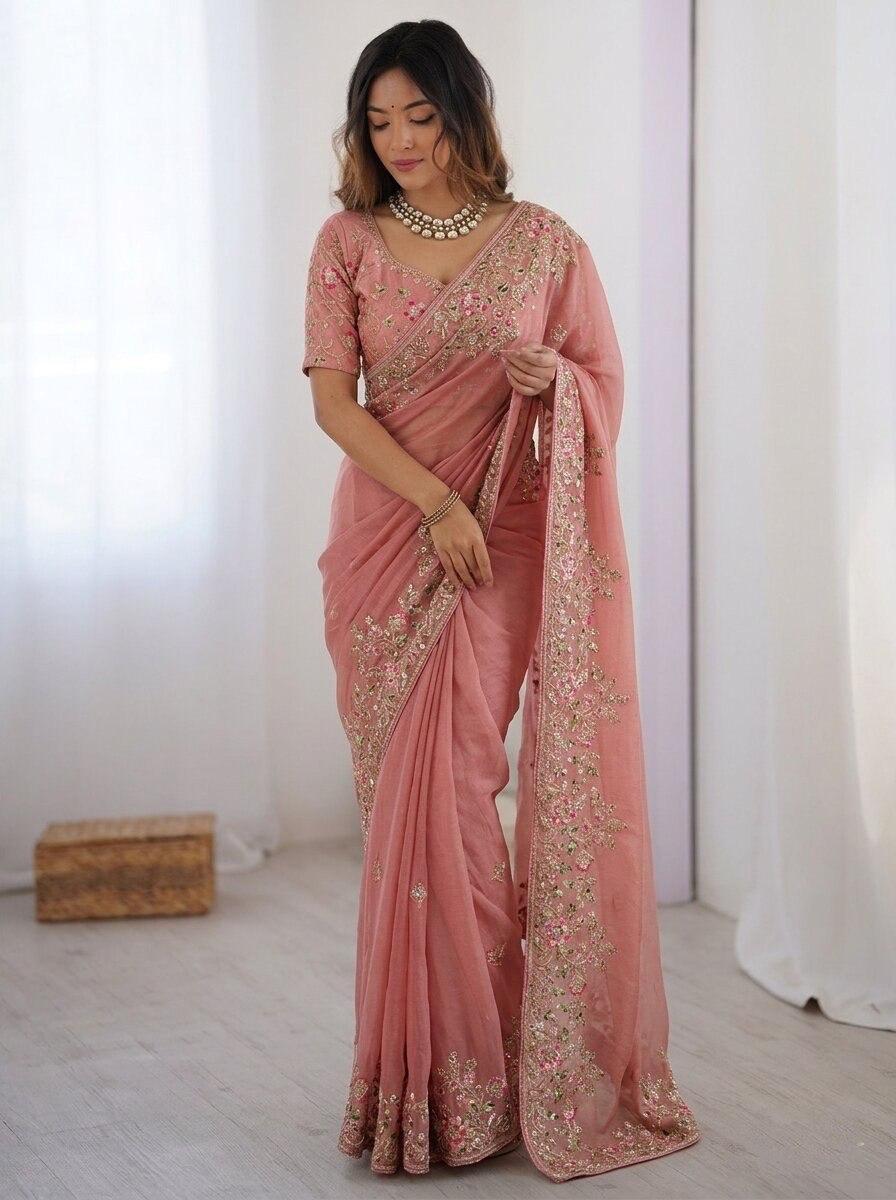 Party-wear Moss Chiffon Embroidery Cutwork Saree