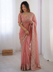 Party-wear Moss Chiffon Embroidery Cutwork Saree
