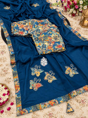 Elegant Chinon Silk Saree With Butterfly Handwork & fancy Lace Border Saree
