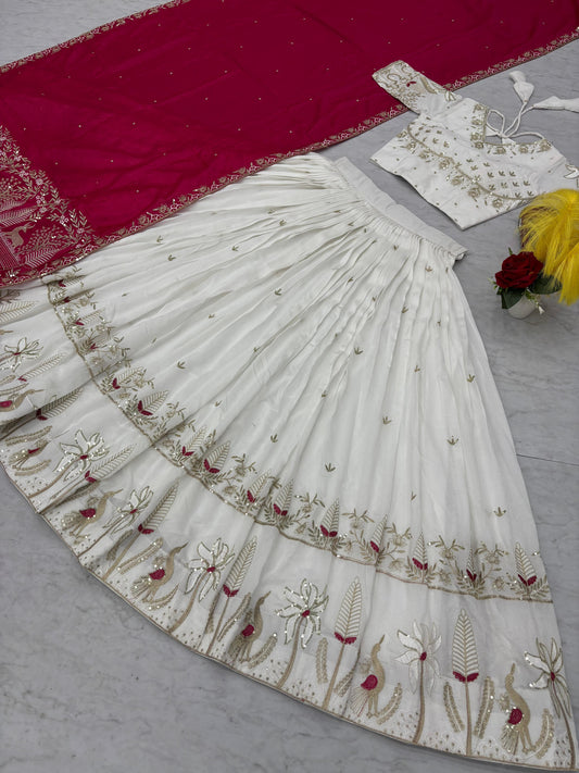 Festive Special White Vichitra Silk Embroidery Thread & Sequence Work Lehenga Choli