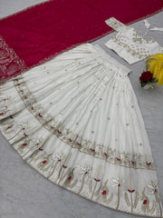 Festive Special White Vichitra Silk Embroidery Thread & Sequence Work Lehenga Choli