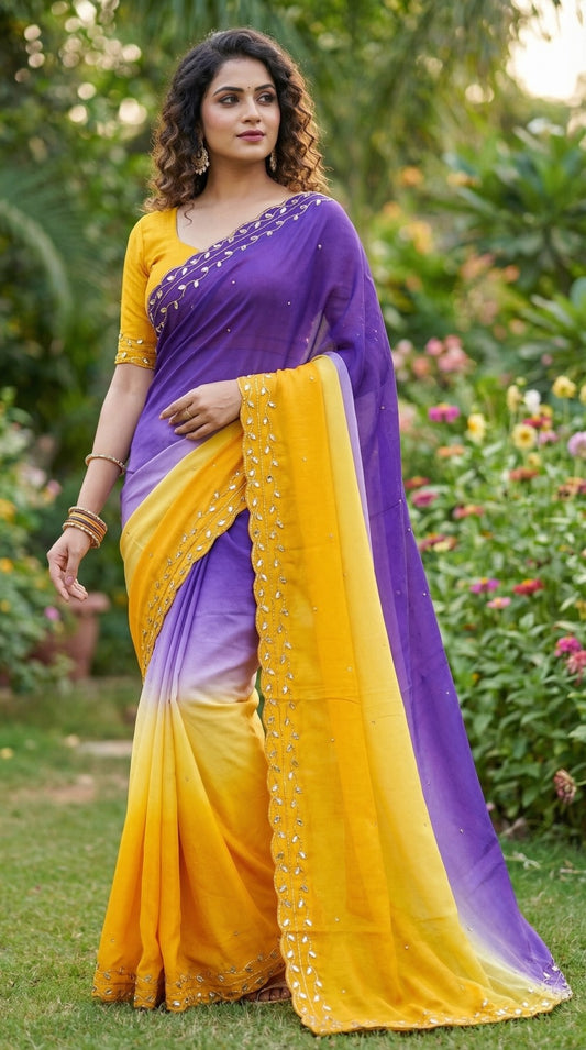 Beautiful Pure soft Chinon Peding Katdana Moti With Real Mirror Work Saree