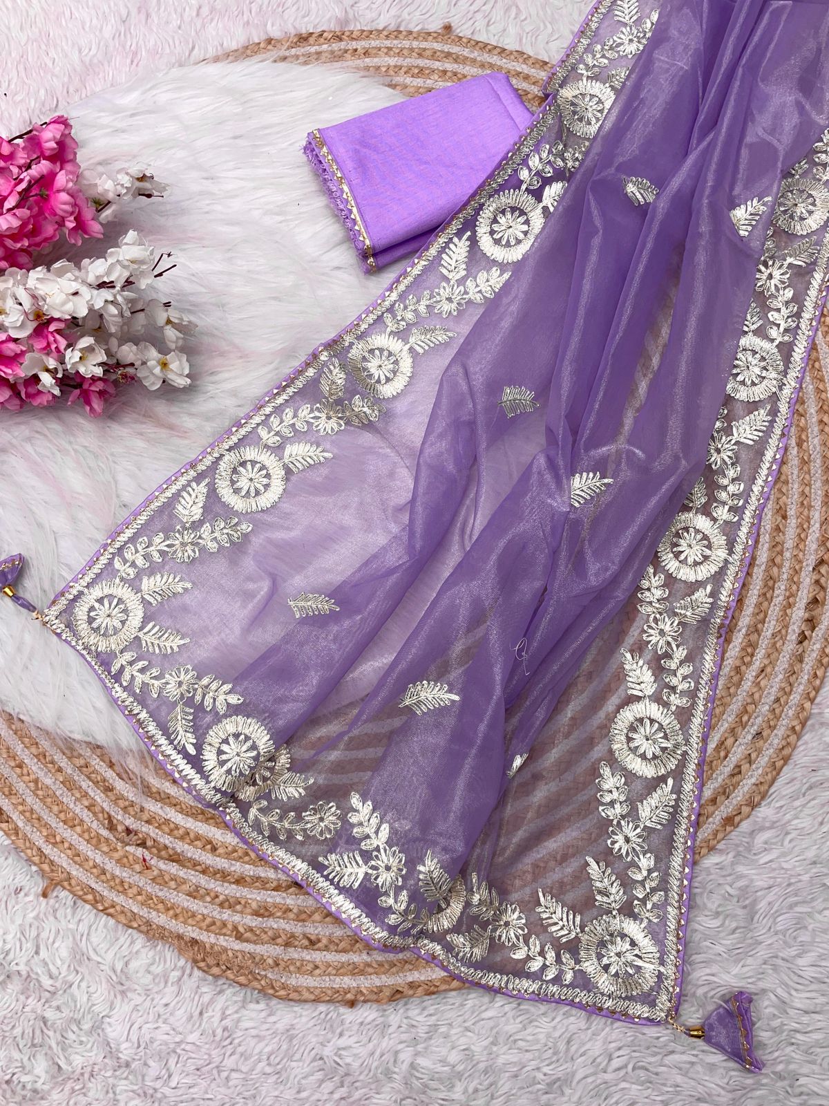 Party-wear Soft Twill Net C- Pallu & Piping Work Saree