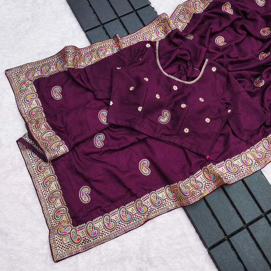 Beautiful  Vichitra Silk With Heavy Embroidery Thread Zari Work Saree