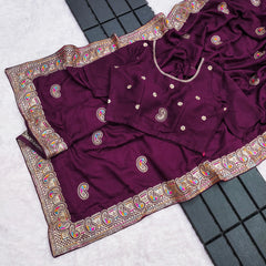 Beautiful  Vichitra Silk With Heavy Embroidery Thread Zari Work Saree
