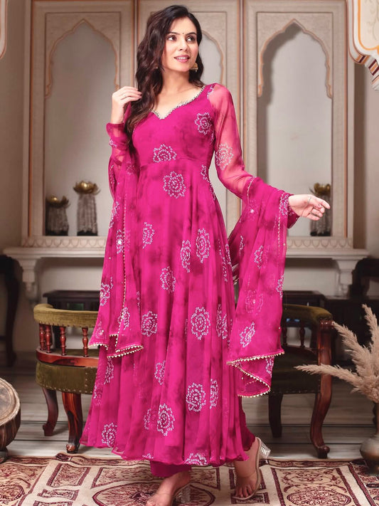Pink Designer Georgette Real Mirror &  Hand Work Digital Printed Gown