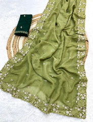 Beautiful Crunchy Chiffon Embroidery Work Saree