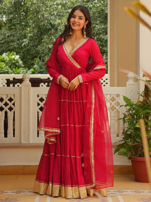 Festival Special Georgette Gotta Patti Lace Work Angarkha Styled Gown
