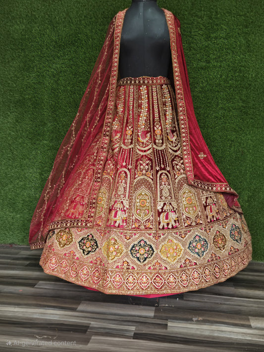 Red Heavy Silk Velvet Patch Work Cutting Pasting Zarkan Diamond Work Double Cancan Dulhan Bridal Lahenga