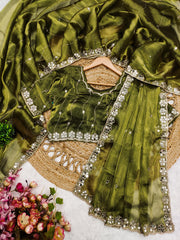 Trending Party-wear Soft Burberry Silk Embroidery & Real Mirror Hand Work Saree