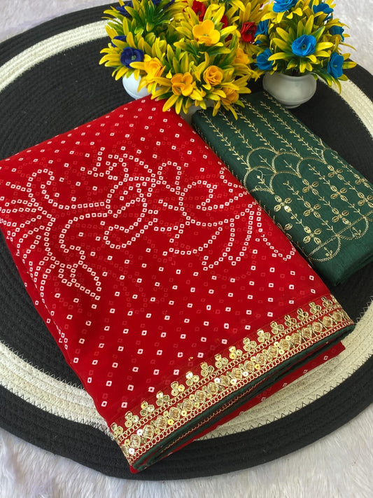 Beautiful Designer Georgette Coding Sequence Bandhani Foil Printed Saree