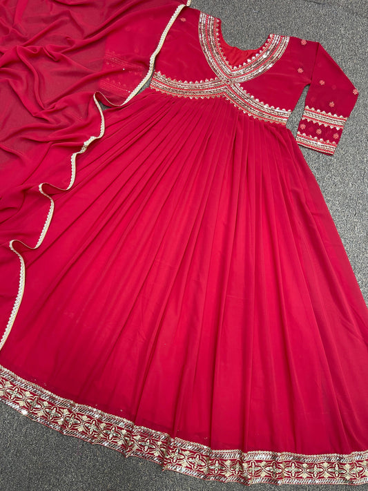 Unique Style Pink Colour Embroidery Sequence Work Gown