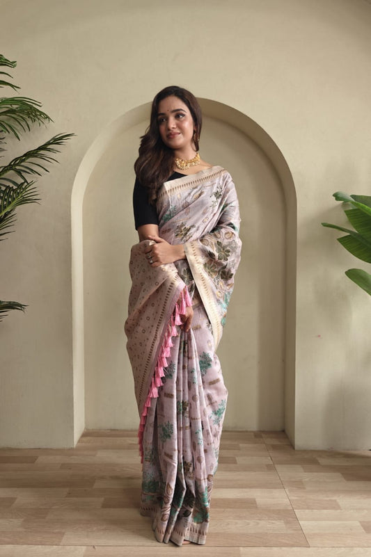 Beautiful Pure Muga Cotton Jamdani Style Weaving Saree