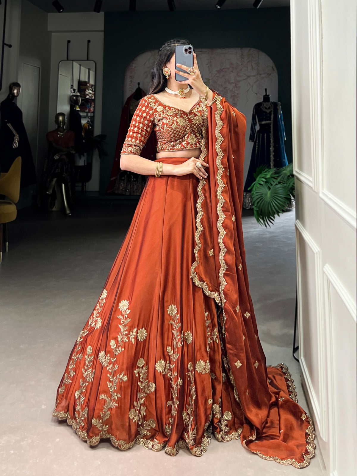 Trending Rust Rangoli Silk Sequins & Thread Embroidery Work Lehenga Choli