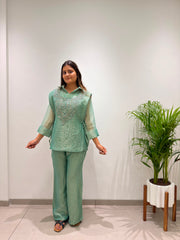 Trendy Stylish Salsa Silk Designer Shirt & Pant With Hand Embroidery Shrug