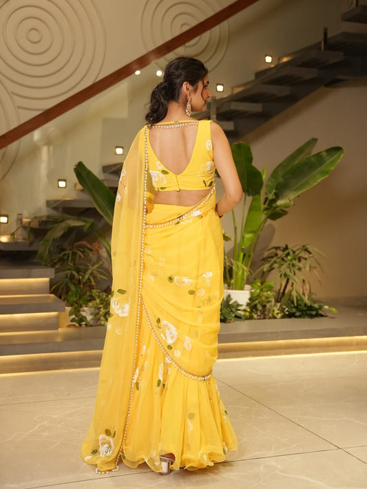 Haldi Special Georgette With Printed  Ruffle Lehenga Saree