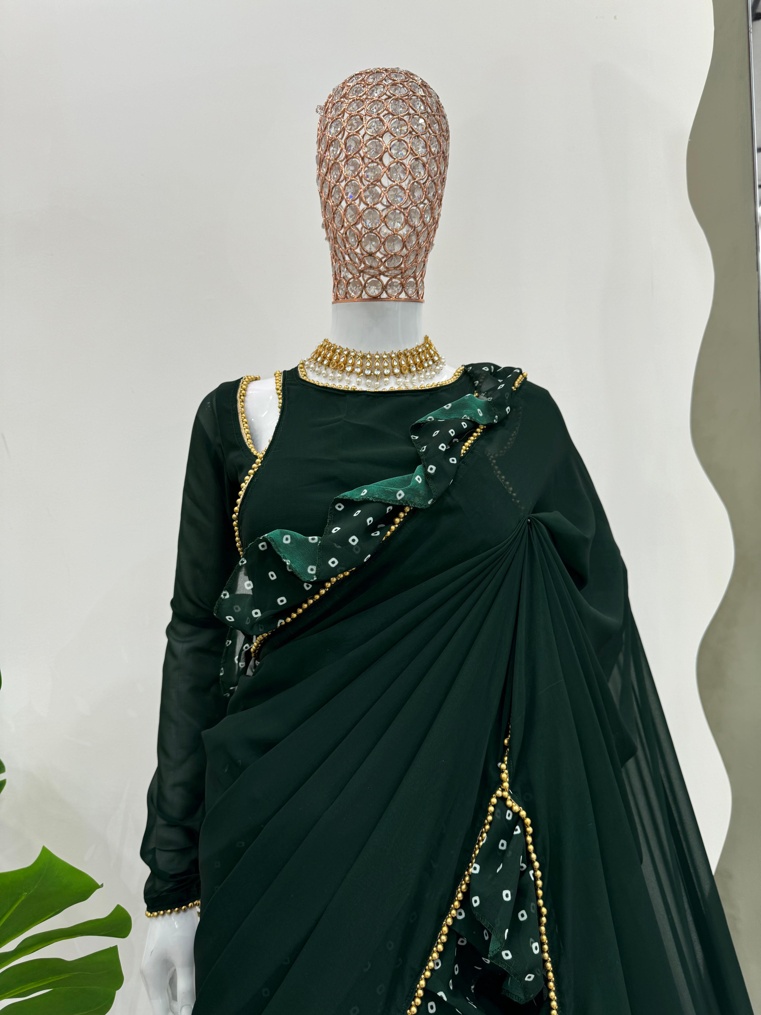 Party-wear Green Designer Georgette Digital Printed With Ruffle Ready To Wear Saree