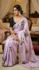 Beautiful Smooth Chinnon Embroidery Printed Work Saree