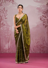 Trending Party-wear Soft Burberry Silk Embroidery & Real Mirror Hand Work Saree