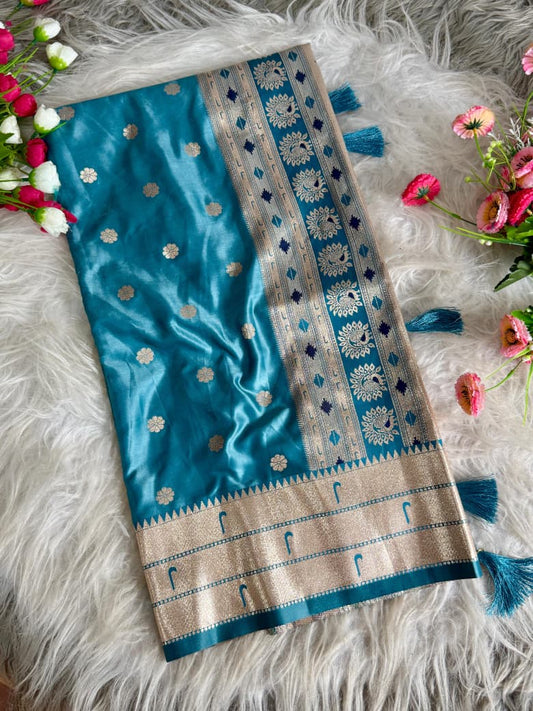 A Perfect Tradition Pastel Shaded Shiny Satin katan Silk Saree