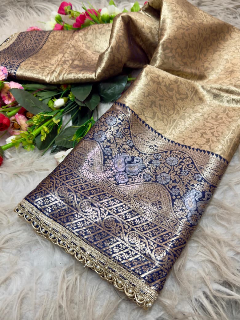 Beautiful Rich Golden-Beige & Navy-Blue Silk Saree